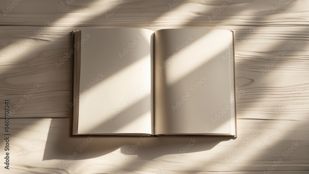Poster open empty brochure on a wooden table with soft shadows, suitable for magazine or brand portfolio pr