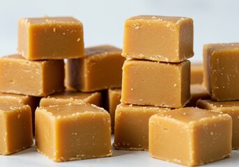 Pile of homemade caramel squares on a white surface ready to eat