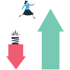 Changing or transforming, turning around, challenging the odds and conquering adversity, a businesswoman pole vaulting from the down arrow to the up arrow of growth