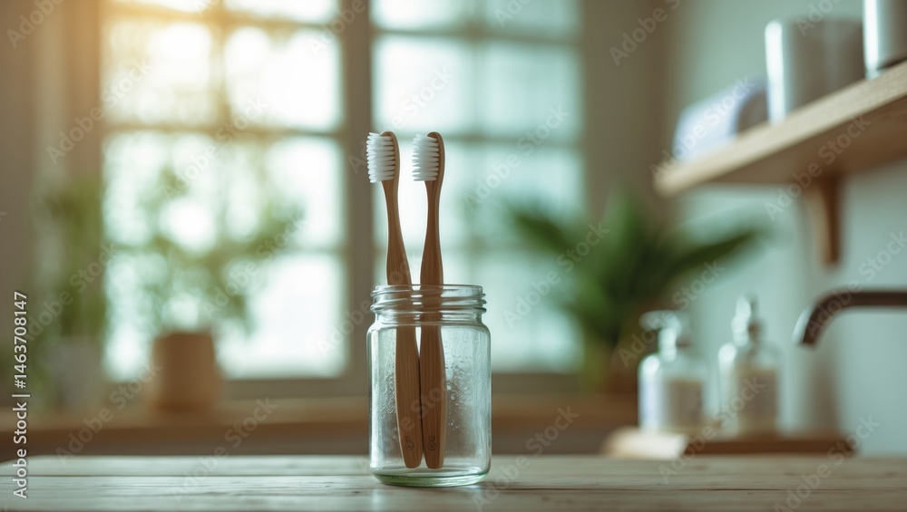 Poster wooden table with toothbrushes in holder and out-of-focus background