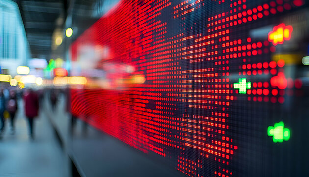 Red Stock Market LED Display at Night in City - Powered by Adobe