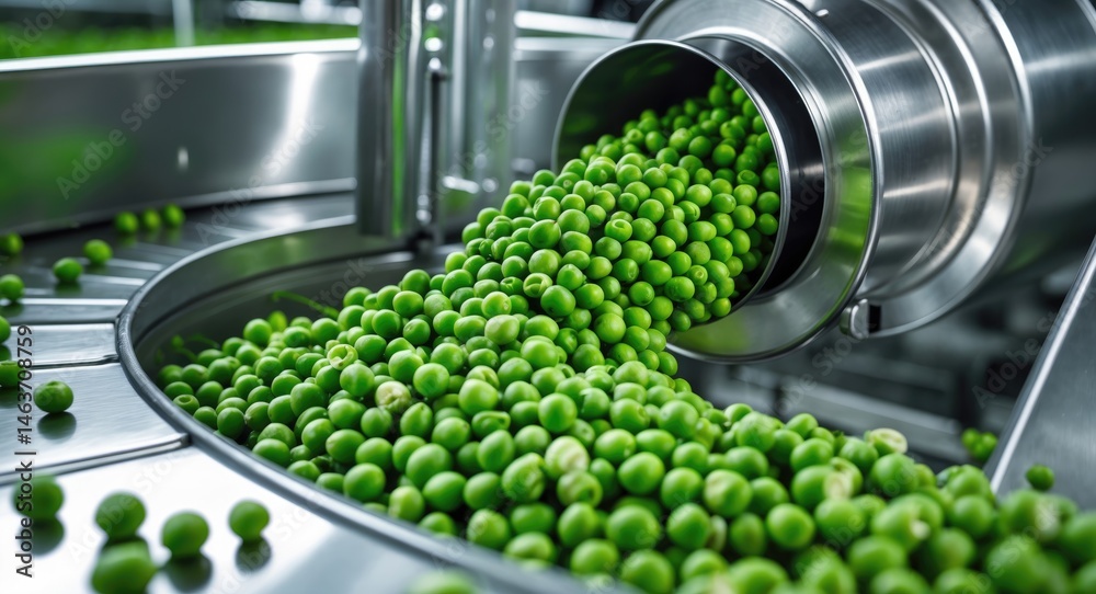Poster working process of green peas production in a cannery. movement on the conveyor.