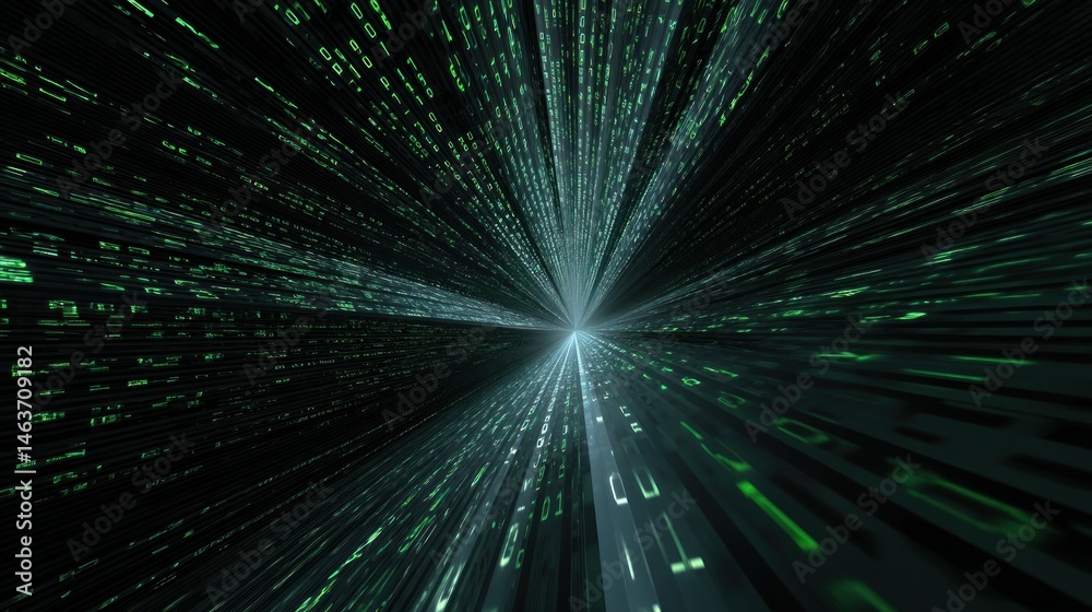 Fototapete Abstract data stream with green matrix effects in futuristic digital space