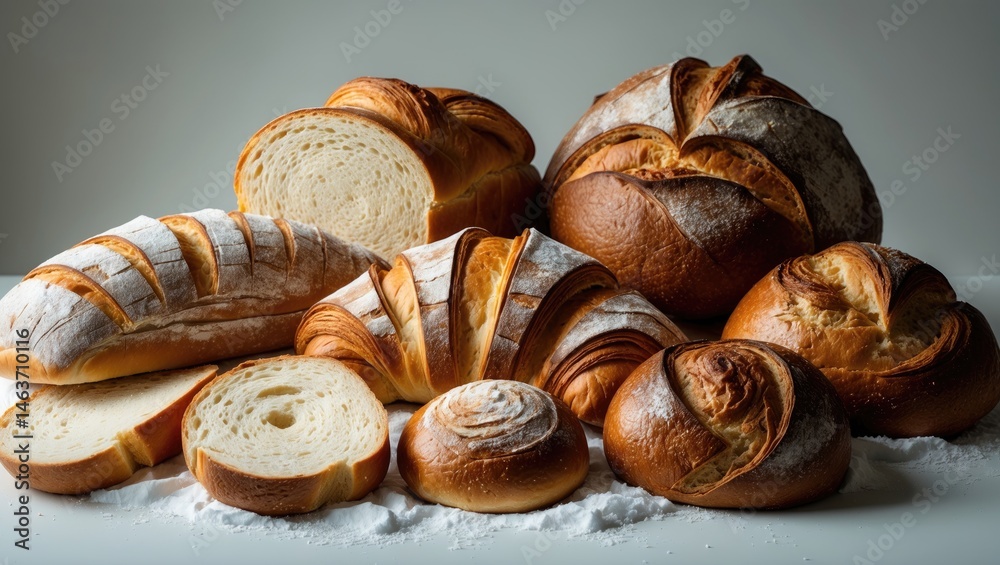Poster Different kinds of breads and buns isolated on a simple background
