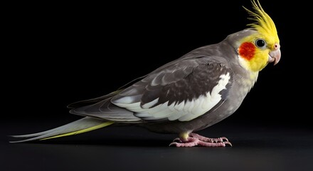Cockatiel Bird Portrait on Black Background