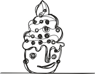 Single Line Drawing of a Delicious Cupcake with Icing and Sprinkles