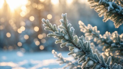 Bright winter scene featuring snow-covered pine branches with sunlight