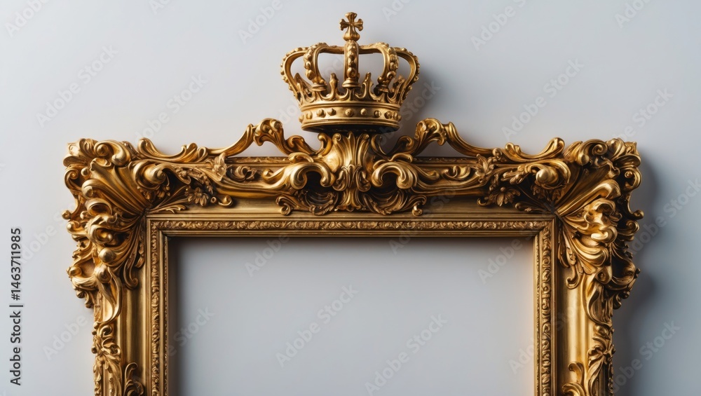 Poster old-fashioned ornate golden frame with crown in isolation on background