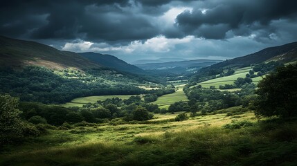 Fototapeta premium Dramatic valley landscape under a stormy sky.