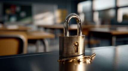 A shiny padlock and keys sit on a desk in an empty classroom, with blurred chairs and desks in the background.