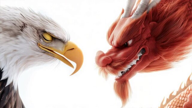Epic showdown between a fierce American eagle and a majestic Chinese dragon.