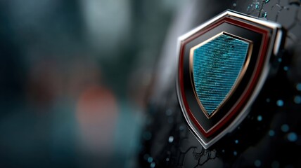 A digital shield with a fingerprint symbolizing cybersecurity and data protection on a dark, tech-themed background.