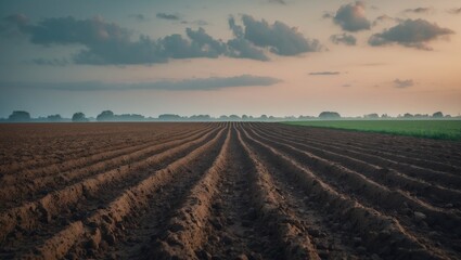 Farmland prepared for sowing with a plowed soil and overcast sky