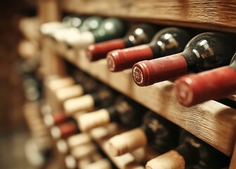 Wine bottles in wooden wine cellar