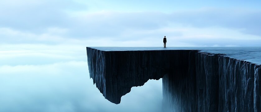Solitary figure on a floating, cliff-edge platform, amidst misty clouds