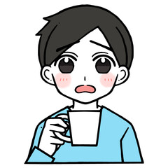 コップを持つ困り顔の男性のイラスト