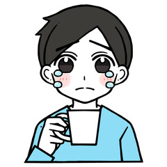 コップを持つ涙を流して泣く男性のイラスト