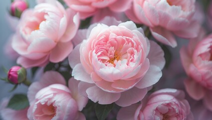 Close-up of pink flower heads showcasing blooming peonies, artistic background with bokeh effect