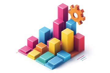 Fototapeta premium Abstract Growth Chart: Isometric illustration depicting a vibrant, upward trending growth chart with colorful platforms and a gear, symbolizing progress, innovation and success.