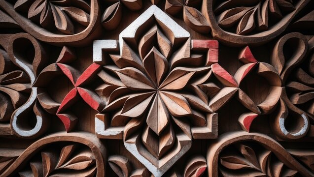 Traditional Asian ornamentation with geometric patterns and antique floral designs on wood