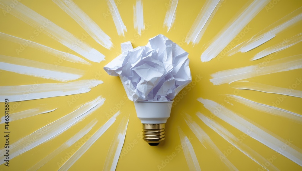 Poster innovative concepts in business and art: brainstorming tips with a bright light bulb on yellow