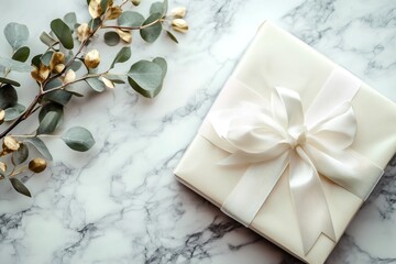Elegant gift box with white ribbon and golden eucalyptus leaves on marble table