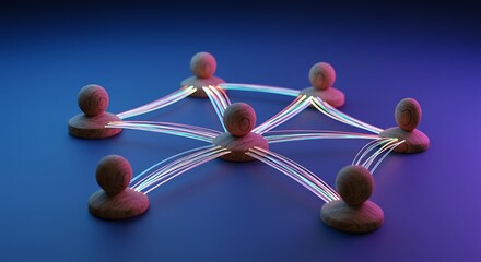 Obraz premium Wooden Figures Connected by Glowing Strands on a Blue Gradient Background