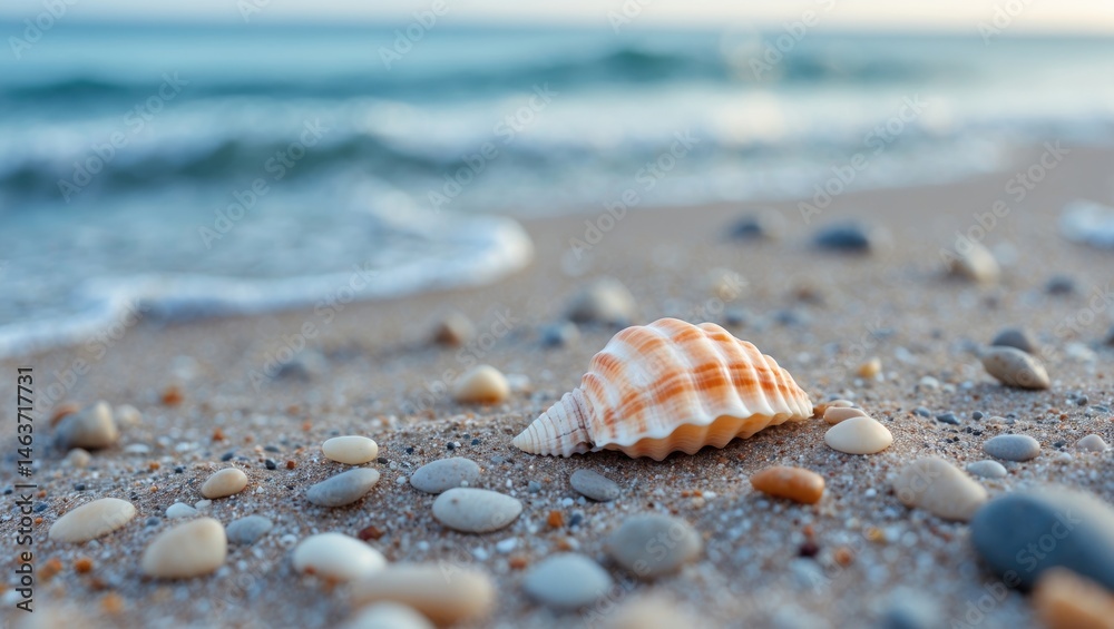 Poster Macro shot of seashell and pebble on clean beach sand highlighting texture and landscape design