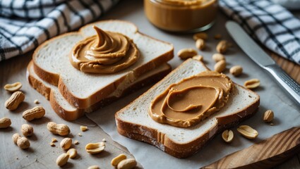 Fototapeta premium Healthy peanut butter toast with nuts served on a table