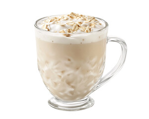 a glass cup of coffee with oatmeal and whipped cream