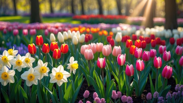 Vibrant spring flowers background showcasing multicolored tulips, white daffodils, and hyacinths in a garden landscape with a park atmosphere and selective focus