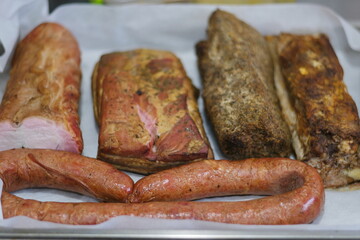 Assortment of cold meats, variety of processed cold meat products.