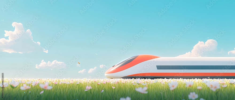 Poster 鮮やかな夏空の下を走る赤い高速列車 草原の花畑と未来的なデザインが融合した夢のような風景