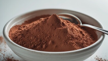 Metal spoon with sweet cocoa powder and cacao package against a food-themed design