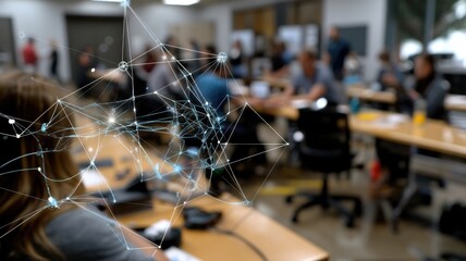 A digital network overlay appears in a modern office or classroom setting with people collaborating in the background.