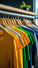 Obraz premium Colorful t-shirts on wooden hangers