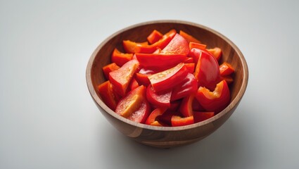 Close-up of sliced red bell pepper in a wooden bowl against a white background showcasing natural freshness