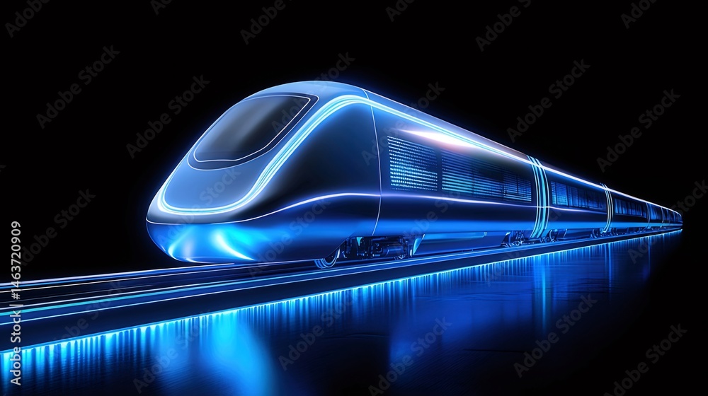 Poster ブラック背景にブルーライトとシャドウでハイライトされた 未来的な高速鉄道のデジタルレンダリング