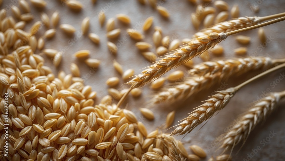 Poster texture of barley grains with spikelets in a close-up shot, golden color background