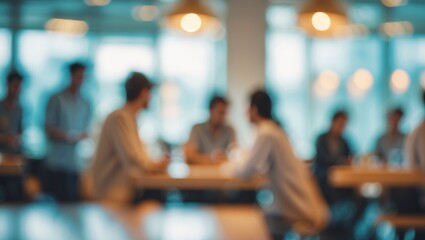 Modern co-working space with blurred backdrop emphasizing teamwork and business activity