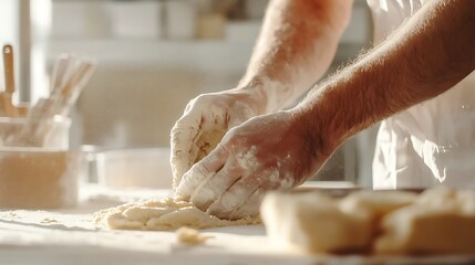 Baker Kneading Dough in a Sunlit Kitchen