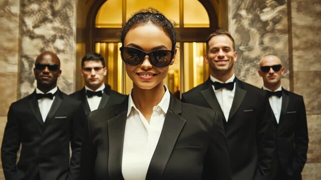 Confident Woman with Bodyguards