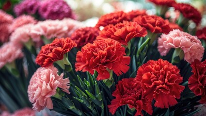 Detailed shot of charming red carnations blossoming at supermarket available for purchase (showing shallow focus and blurred surroundings)