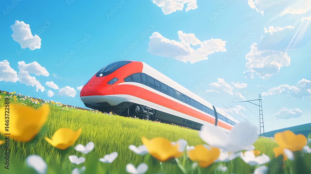 Aufkleber 鮮やかな青空の下を走る赤い高速列車 緑の草地と花が咲く風景 ドライブ 旅行のコンセプト