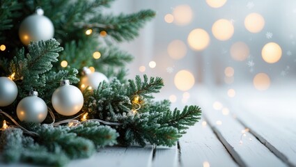 White backdrop showcasing spruce branches with frost and lights, empty space for text
