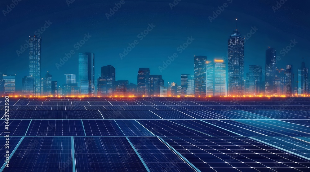 Aufkleber 青い太陽光パネルフィールドと都市のスカイラインの夜景 未来的なエネルギーインフラストラクチャと持続可能性の風景