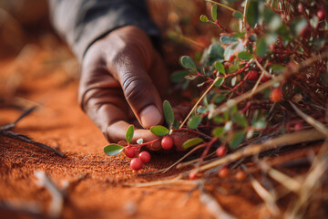 close up hand picking red berries in australian outback, aboriginal bush tucker theme
