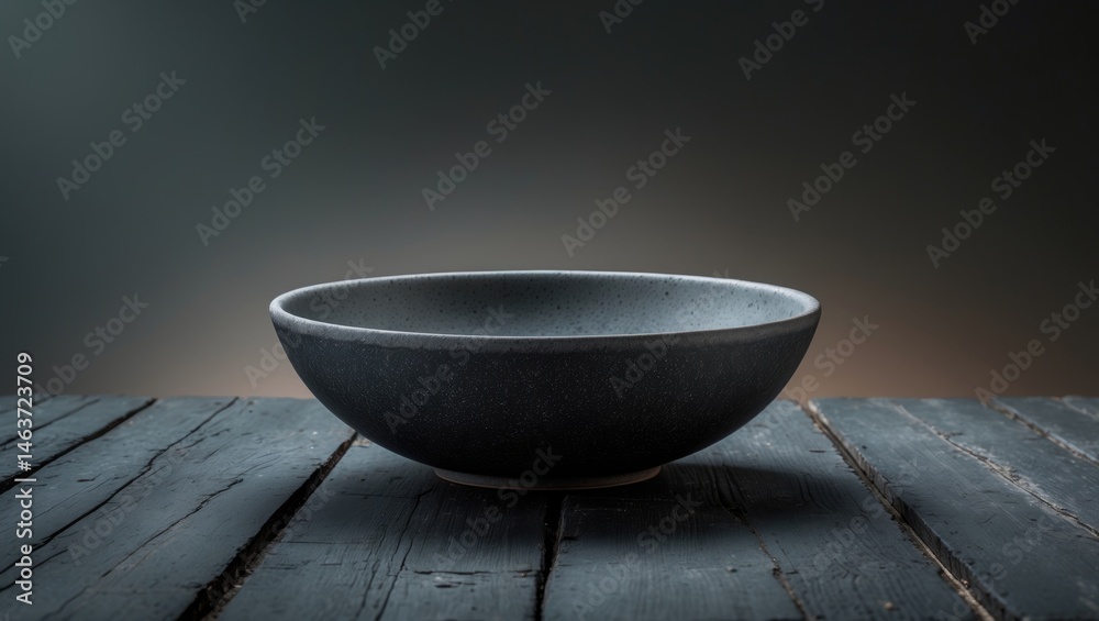 Poster empty black dish placed on textured dark surface with room for text