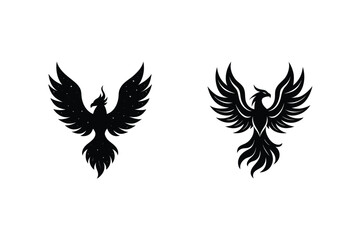 Elegant silhouettes of phoenix birds with stars and detailed feathers against white background