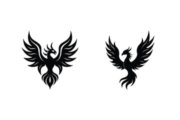 Two elegant black phoenix silhouettes displayed against a bright white background design